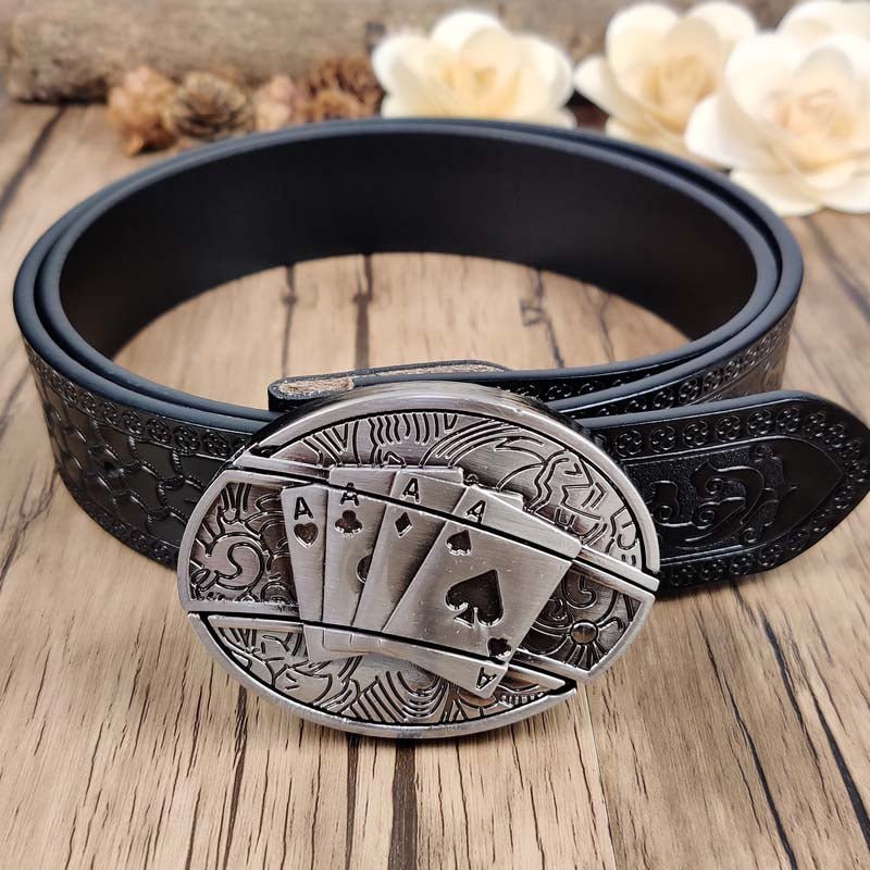 Embossed Country Utility Black Belt with Cool Oval Belt Buckle - Cowderry4 Aces