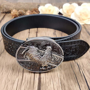 Embossed Country Utility Black Belt with Cool Oval Belt Buckle - CowderryChicken