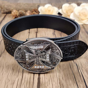 Embossed Country Utility Black Belt with Cool Oval Belt Buckle - CowderryCross