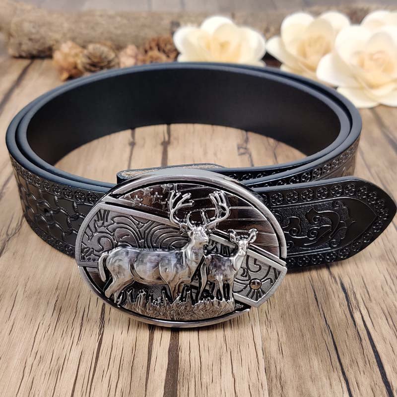 Embossed Country Utility Black Belt with Cool Oval Belt Buckle - CowderryDeer