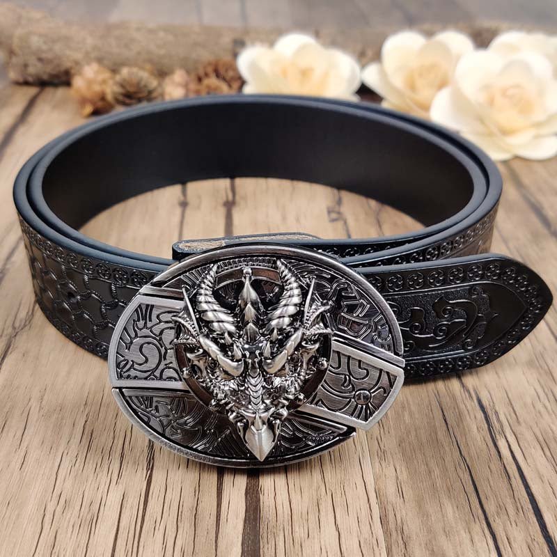 Embossed Country Utility Black Belt with Cool Oval Belt Buckle - CowderryDragon