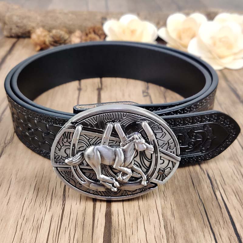 Embossed Country Utility Black Belt with Cool Oval Belt Buckle - CowderryHorse