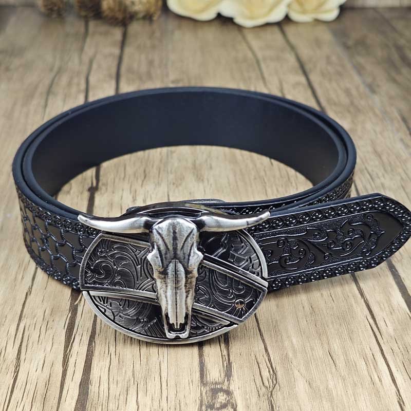 Embossed Country Utility Black Belt with Cool Oval Belt Buckle - CowderryLonghorn