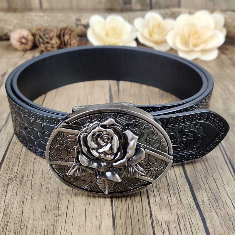 Embossed Country Utility Black Belt with Cool Oval Belt Buckle - CowderryRose