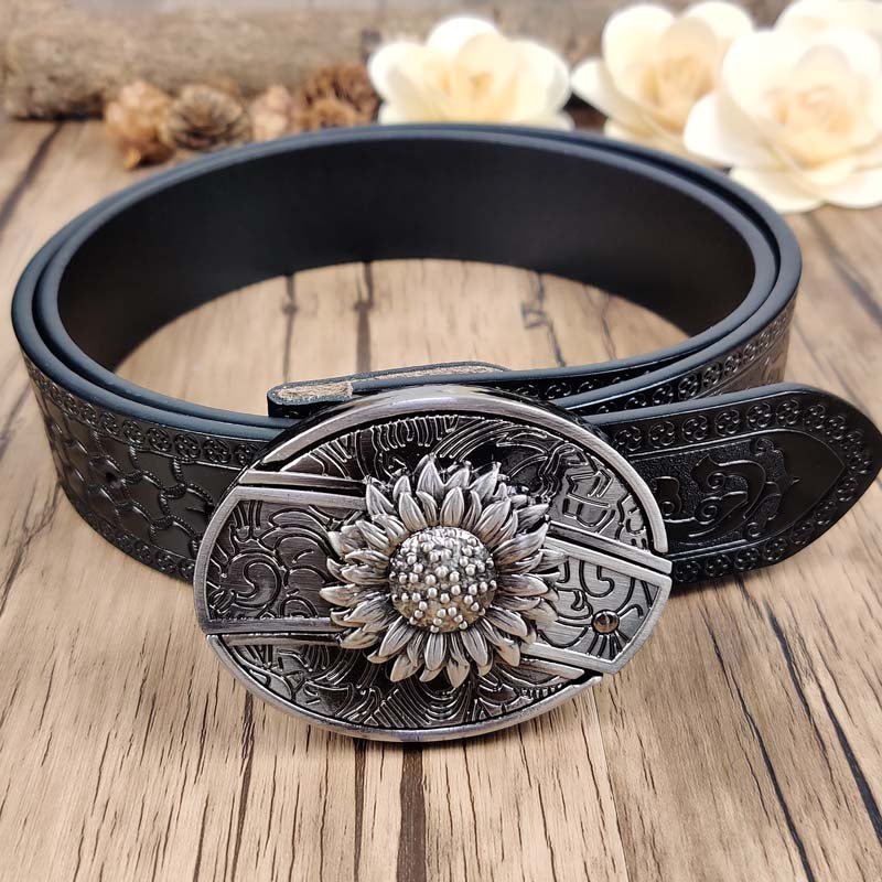 Embossed Country Utility Black Belt with Cool Oval Belt Buckle - CowderrySunflower