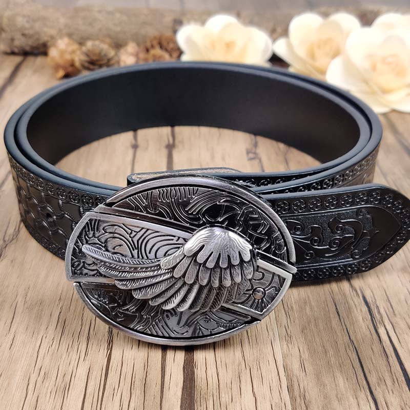 Embossed Country Utility Black Belt with Cool Oval Belt Buckle - CowderryWing