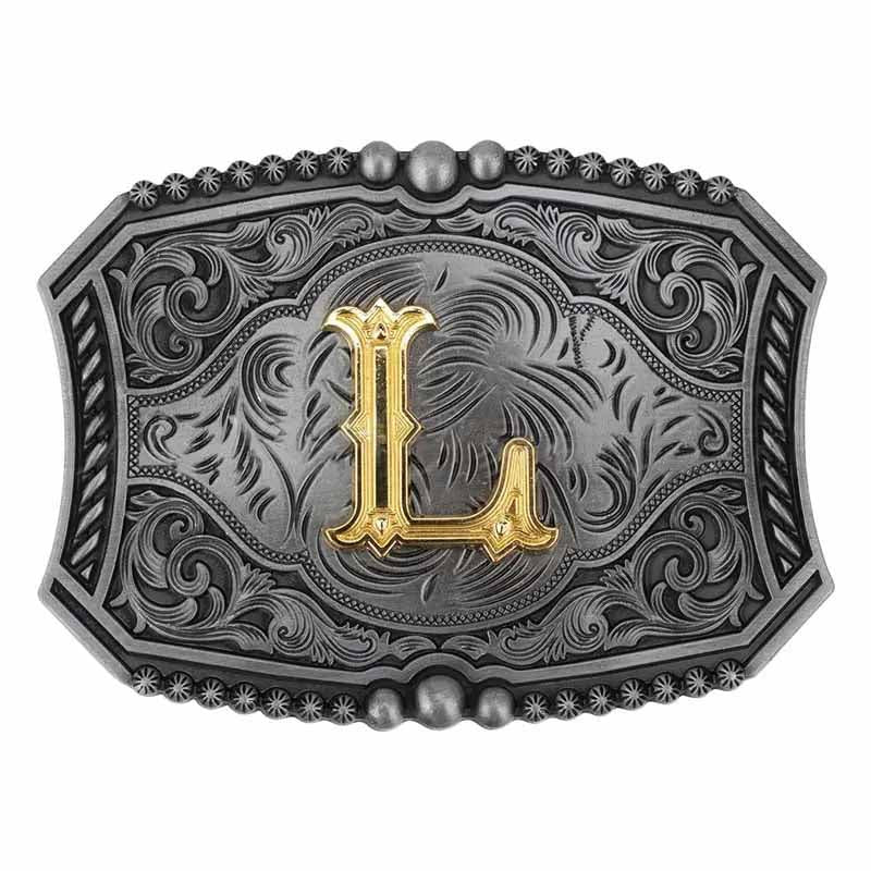 Gold Letters A To Z Grey Western Initial Belt Buckle - CowderryBelt BuckleL