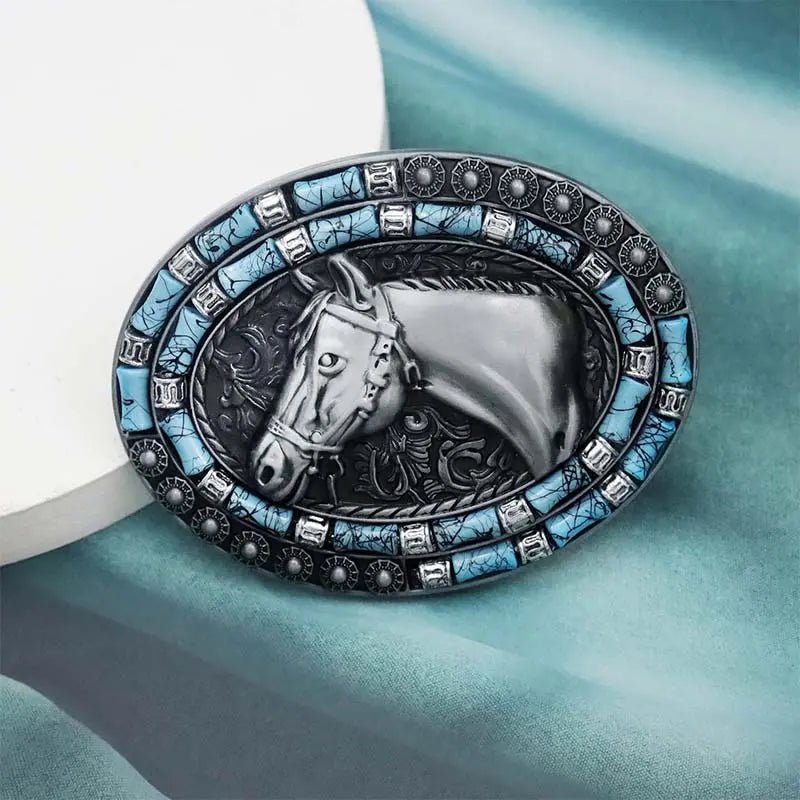 Horse Head Turquoise Decor Western Belt Buckle - CowderryBelt BucklesPewter