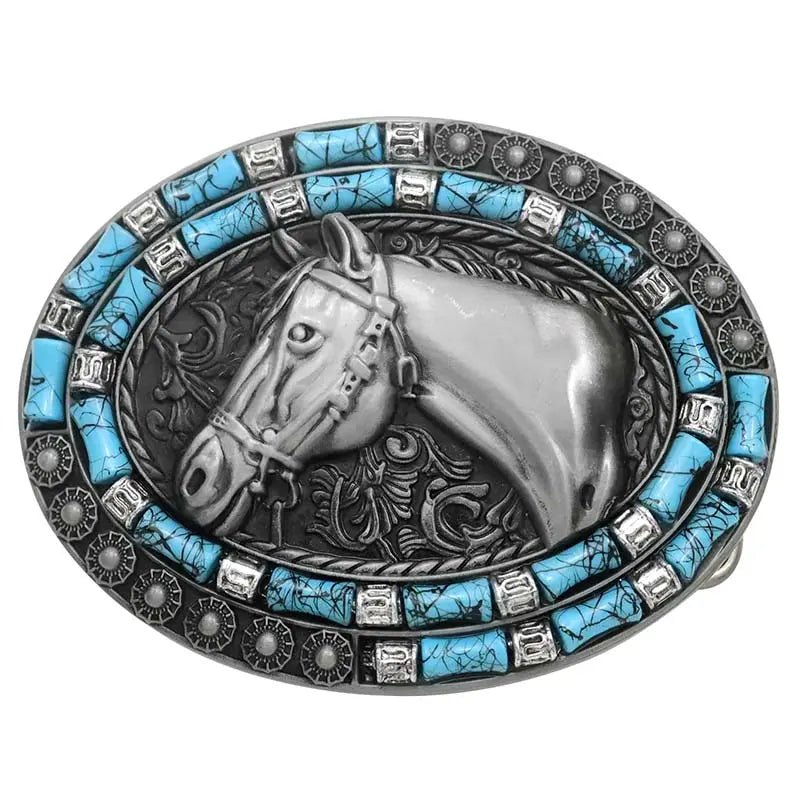 Horse Head Turquoise Decor Western Belt Buckle - CowderryBelt BucklesPewter