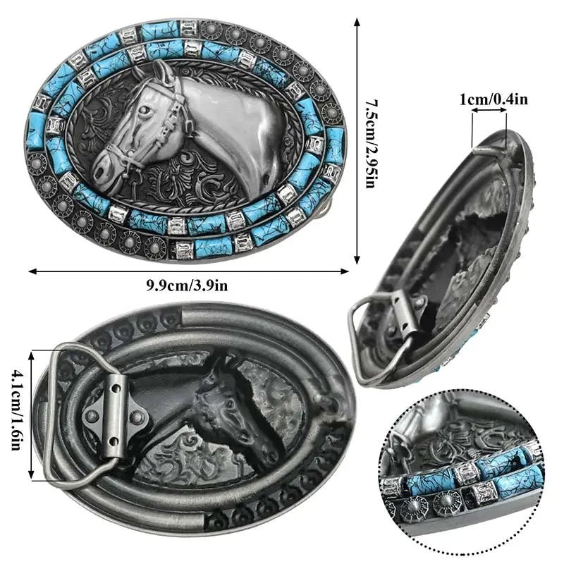 Horse Head Turquoise Decor Western Belt Buckle - CowderryBelt BucklesPewter