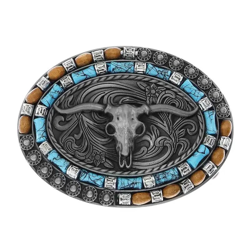 Longhorn Turquoise Decor Western Belt Buckle - CowderryBelt BucklePewter