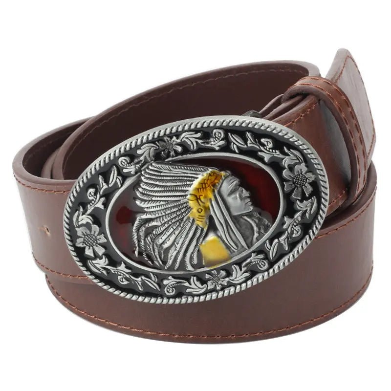 Native American Chief Oval Belt Buckle - CowderrySilver