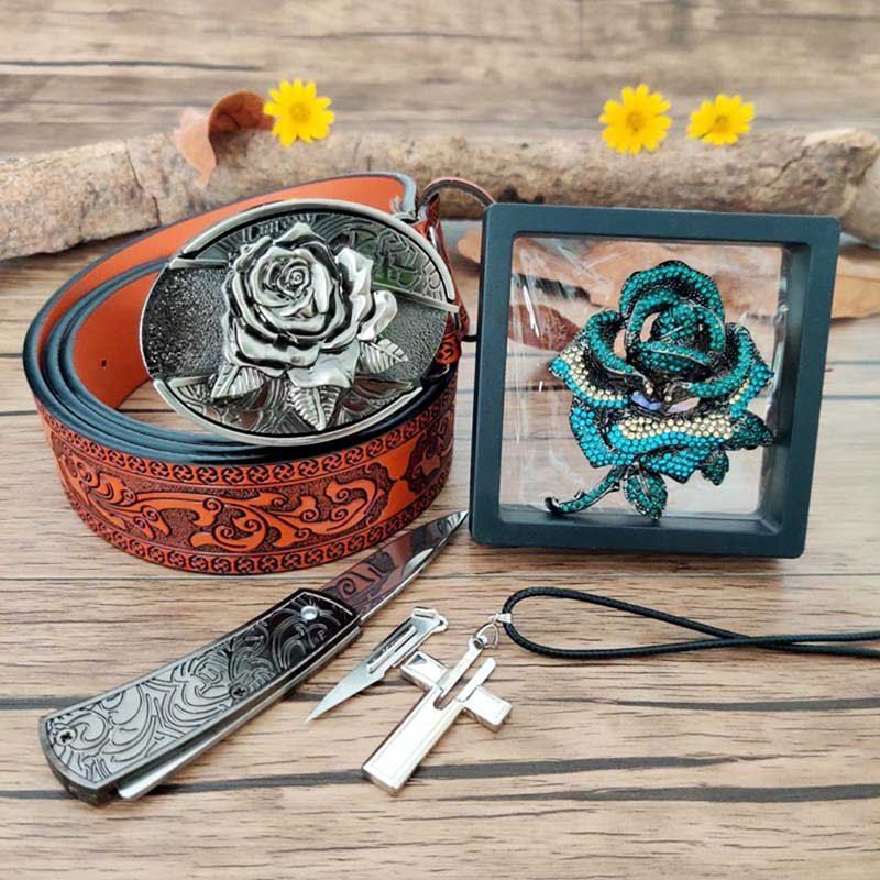 Rose Jewelry Set: Belt, Cross Necklace, and Blue Rose Brooch - Cowderry32-34 (Fit Waist 30-32 in)