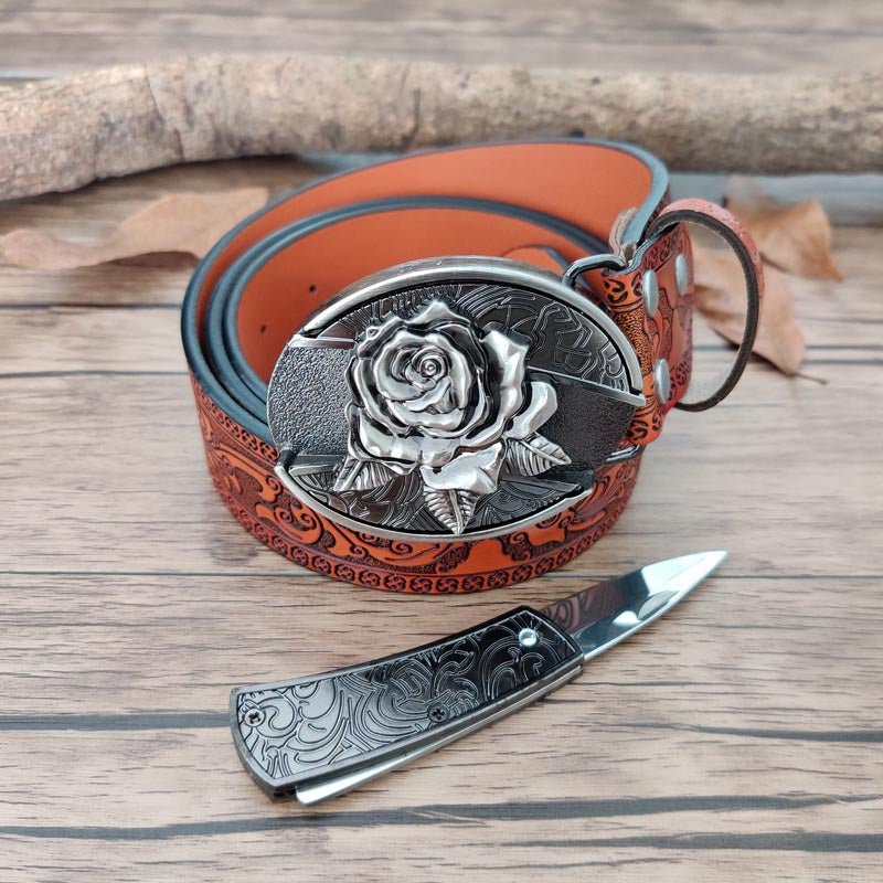 Rose Jewelry Set: Belt, Cross Necklace, and Blue Rose Brooch - Cowderry32-34 (Fit Waist 30-32 in)