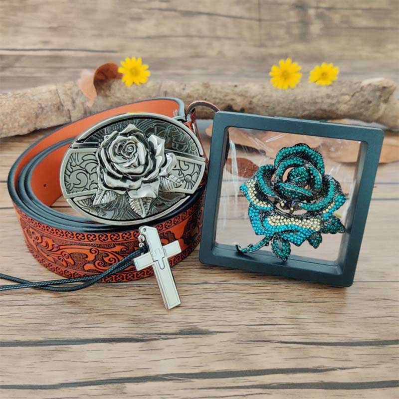 Rose Jewelry Set: Belt, Cross Necklace, and Blue Rose Brooch - Cowderry32-34 (Fit Waist 30-32 in)