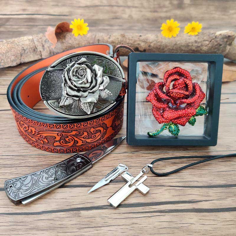Rose Jewelry Set: Belt, Cross Necklace, and Red Rose Brooch - CowderryBelt32-34 (Fit Waist 30-32 in)