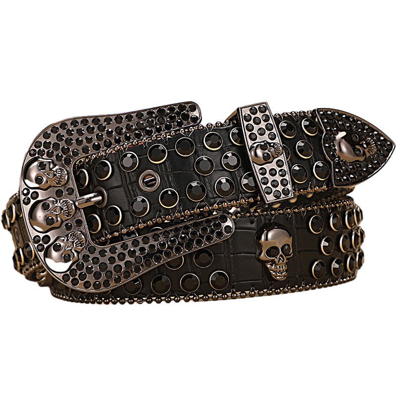 Skull Rhinestone Belt with Crocodile Pattern - CowderryBlack