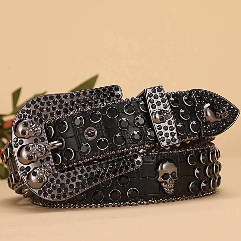 Skull Rhinestone Belt with Crocodile Pattern - CowderryBlack