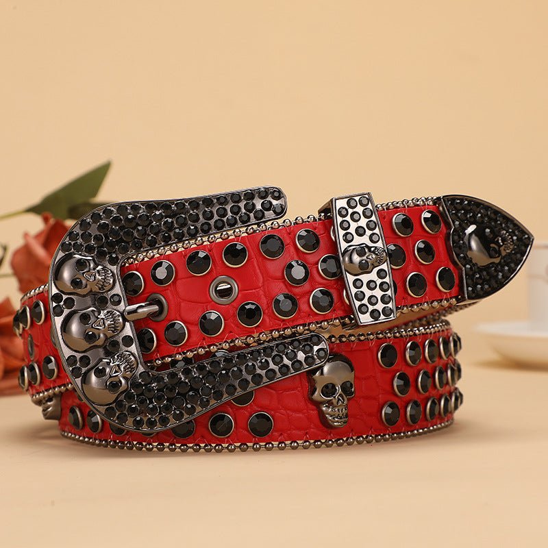 Skull Rhinestone Belt with Crocodile Pattern - CowderryBlack