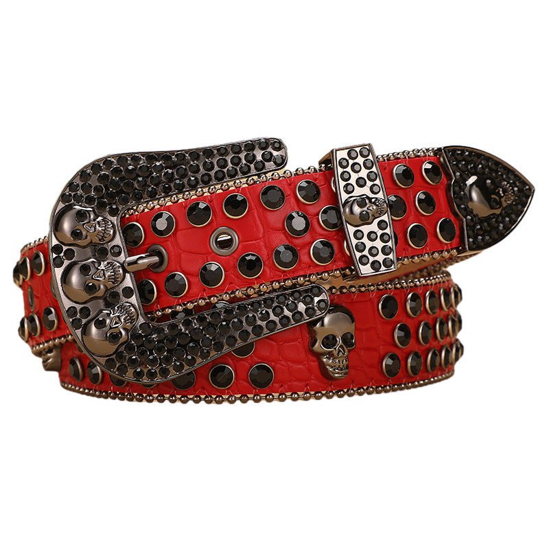 Skull Rhinestone Belt with Crocodile Pattern - CowderryRed