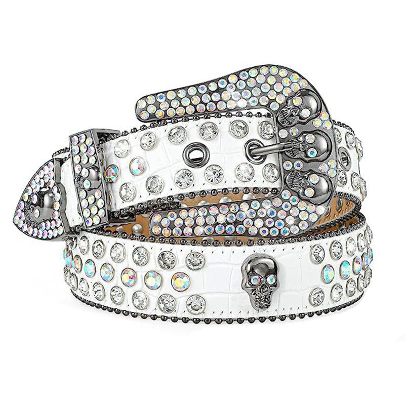 Skull Rhinestone Belt with Crocodile Pattern - Cowderrywhite