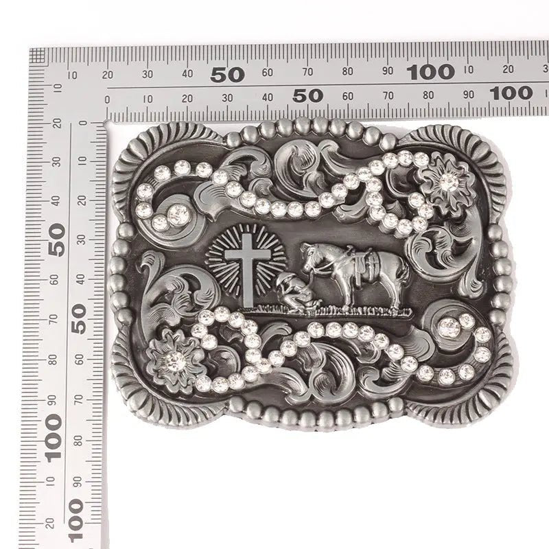 Western Cowboy Horse with Rhinestone Large Belt Buckle - CowderryBelt BuckleSilver