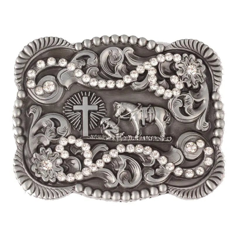 Western Cowboy Horse with Rhinestone Large Belt Buckle - CowderryBelt BuckleSilver
