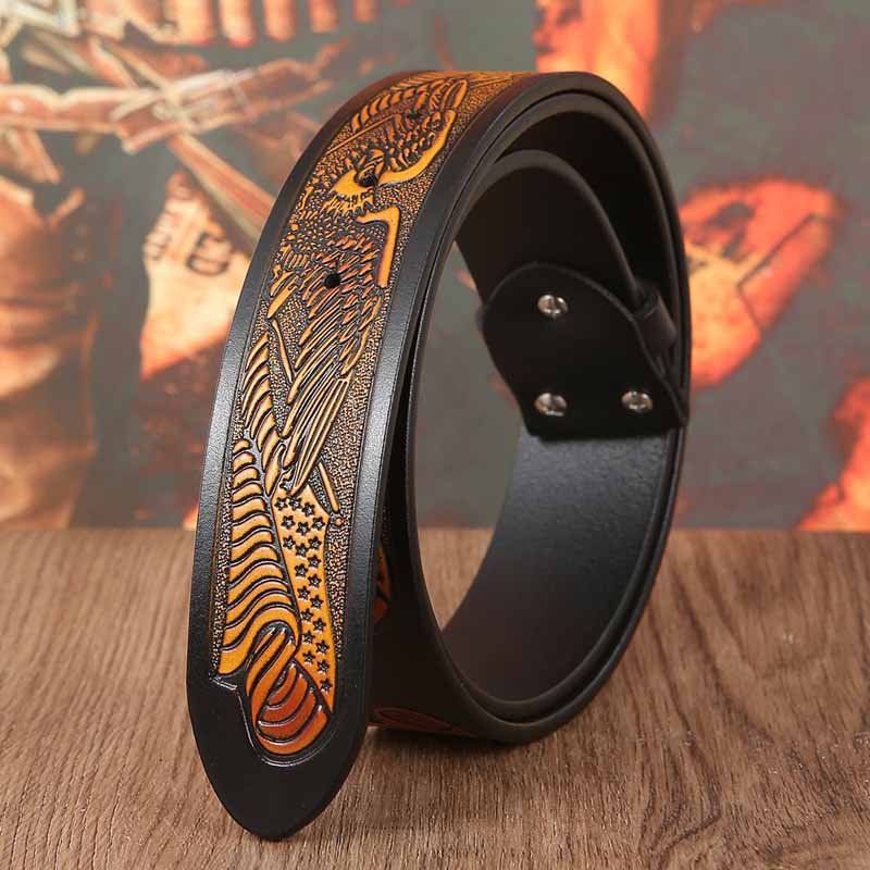 Western Eagle Embossed Belt Without Buckle 1.5" Wide with Snaps - CowderryBeltsBlack With Brown