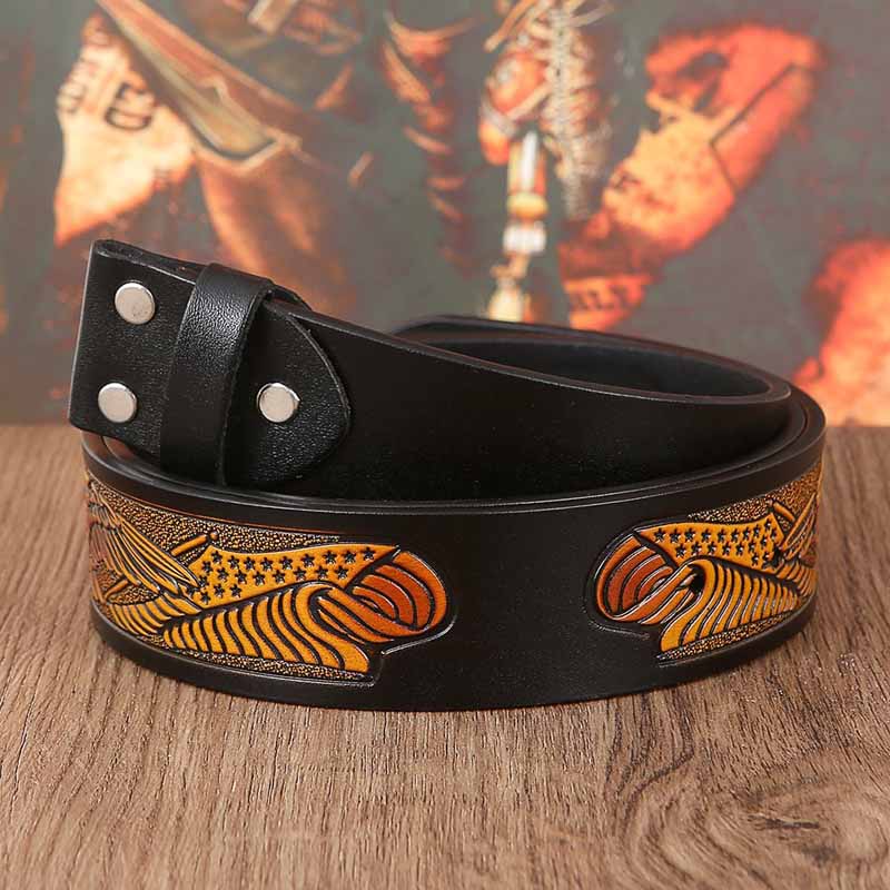 Western Eagle Embossed Belt Without Buckle 1.5" Wide with Snaps - CowderryBeltsBlack