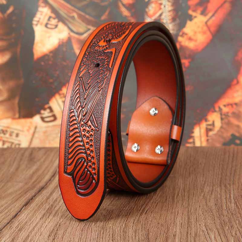 Western Eagle Embossed Belt Without Buckle 1.5" Wide with Snaps - CowderryBeltsRed Brown