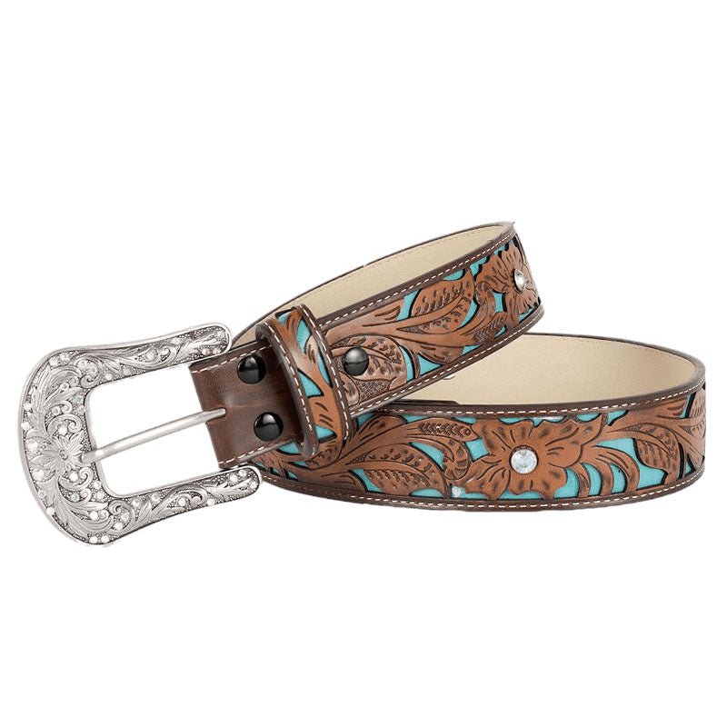 Western Turquoise Floral Embossed Belt for Women 1.5" Wide - CowderryBeltFit Waist: 31-33 in
