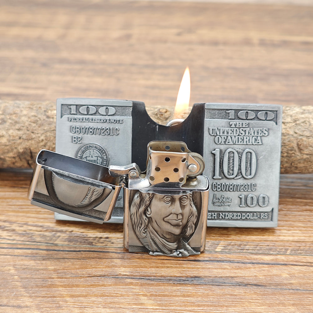 100 Dollar Bill Money Belt Buckle with Lighter