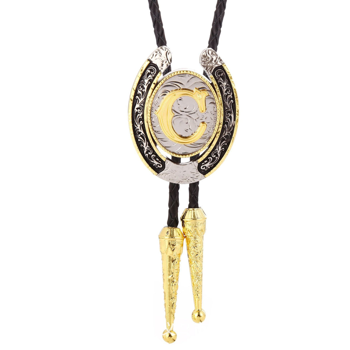 Western Initial Bolo Tie with Two Tone Horseshoe A to Z