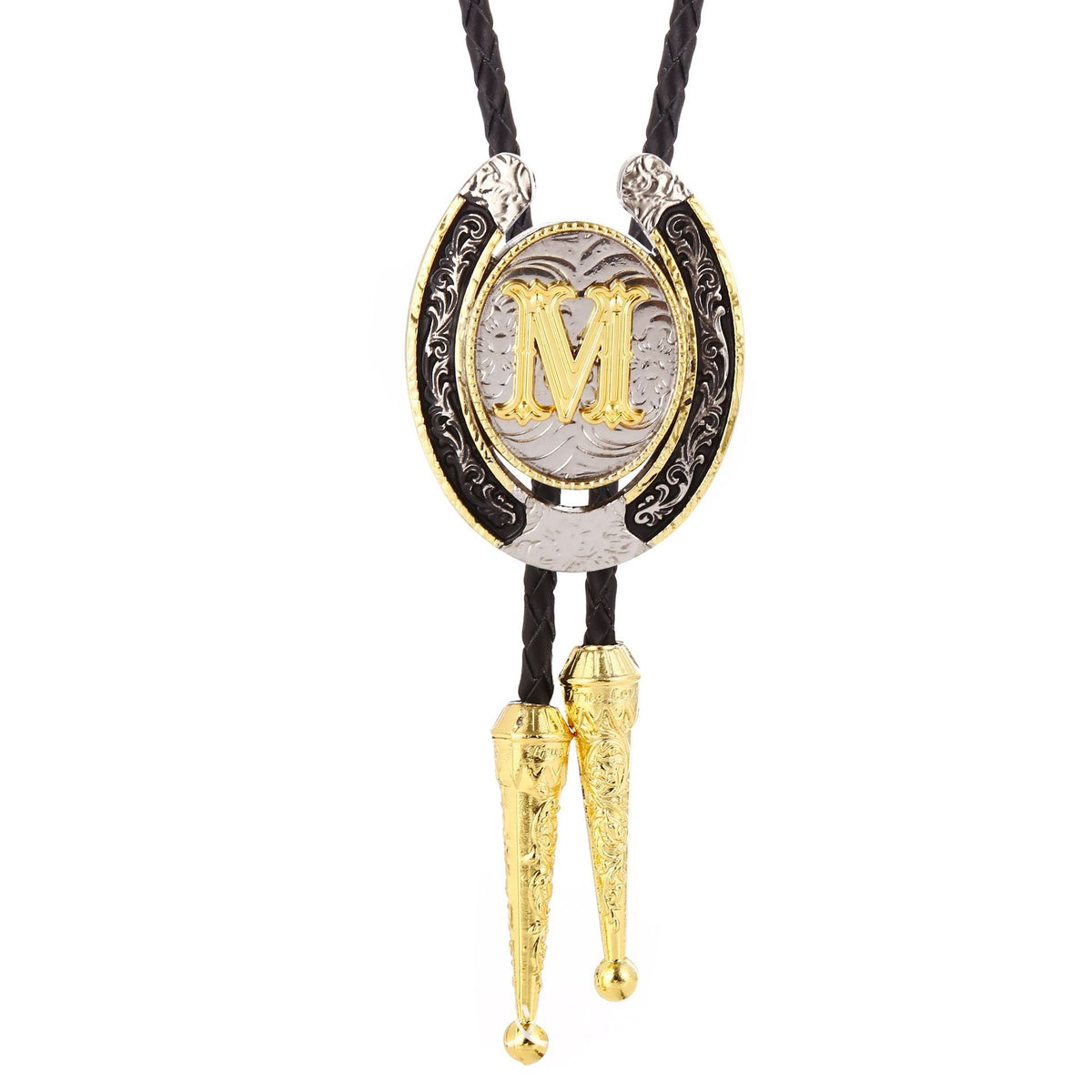 Western Initial Bolo Tie with Two Tone Horseshoe A to Z