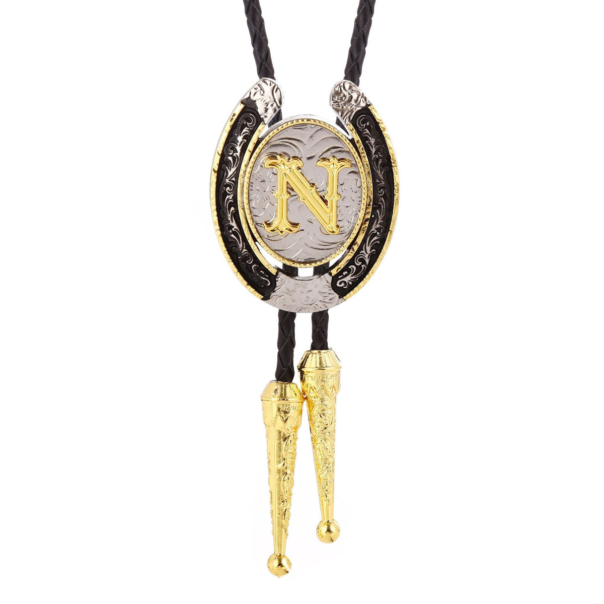 Western Initial Bolo Tie with Two Tone Horseshoe A to Z