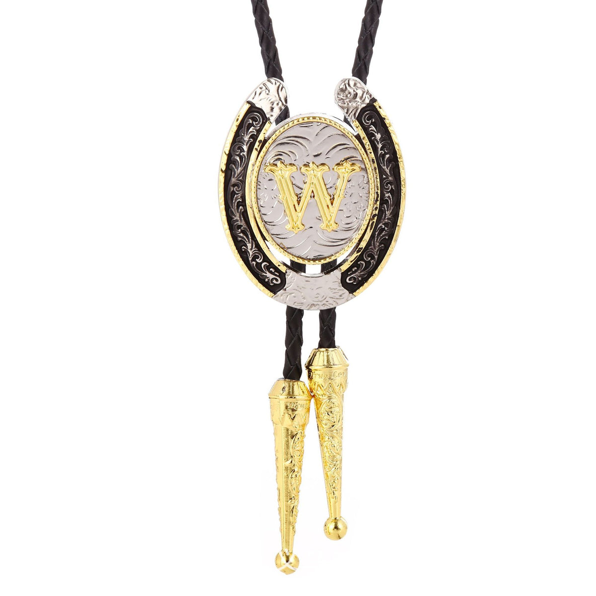Western Initial Bolo Tie with Two Tone Horseshoe A to Z