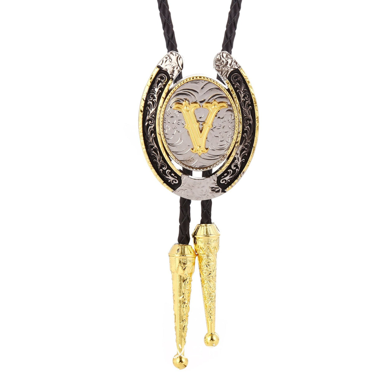 Western Initial Bolo Tie with Two Tone Horseshoe A to Z