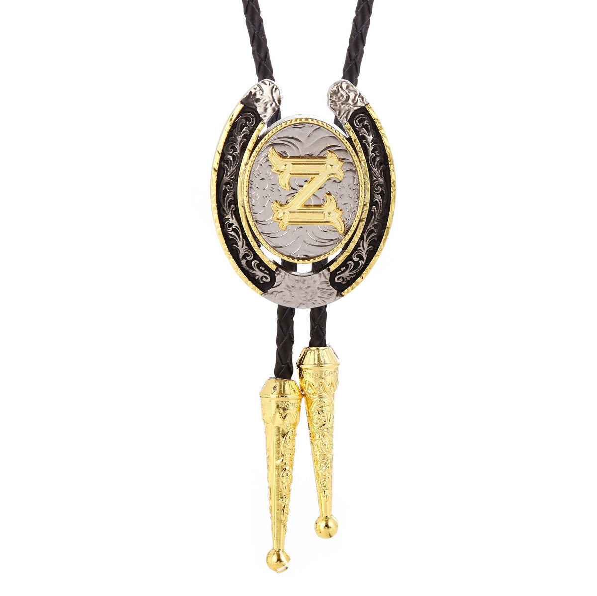Western Initial Bolo Tie with Two Tone Horseshoe A to Z