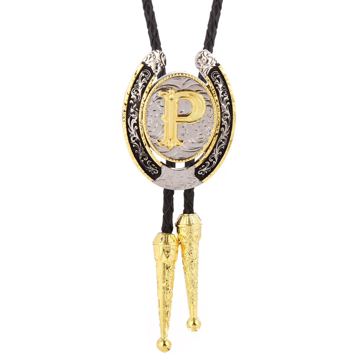 Western Initial Bolo Tie with Two Tone Horseshoe A to Z