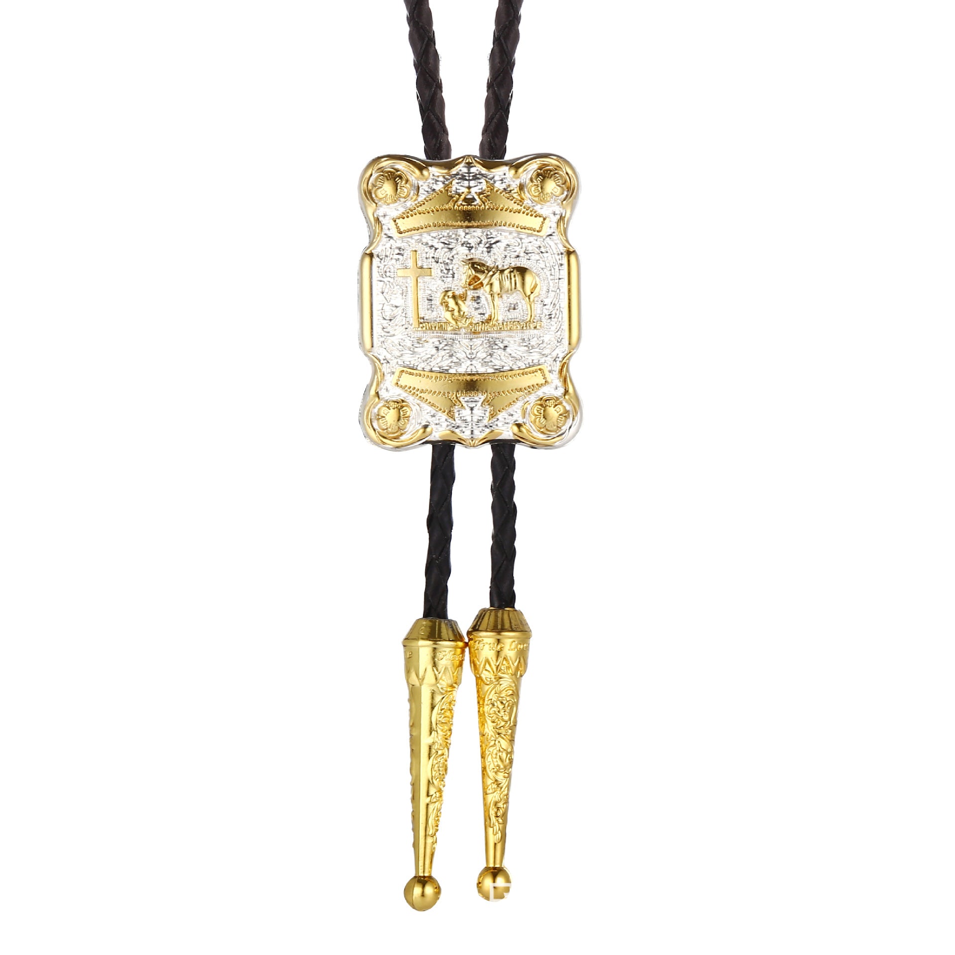 Praying Cowboy At Cross Golden Bolo Tie