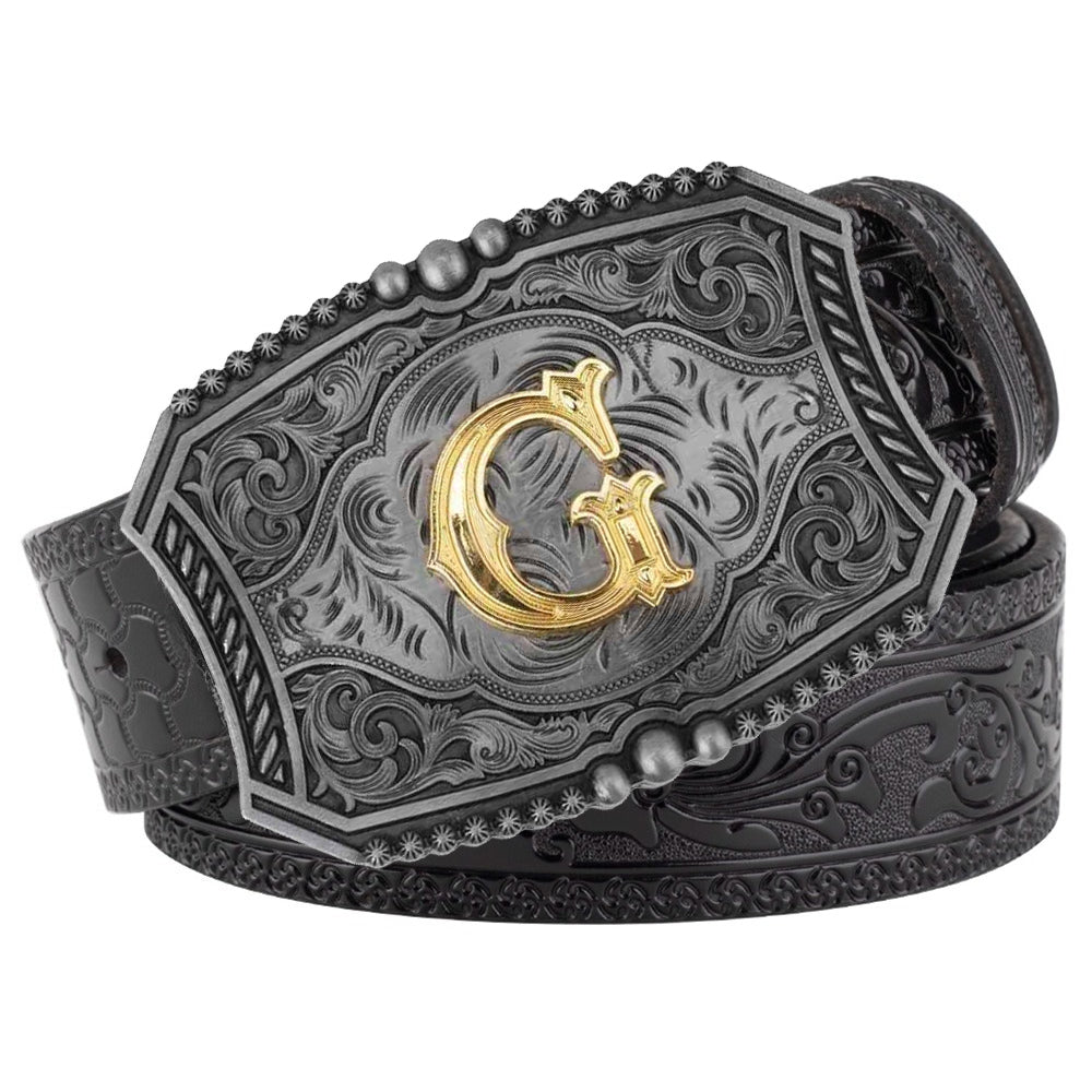 Western Floral Engraved Black Leather Belt with Gold Initial Letters A-Z Buckle