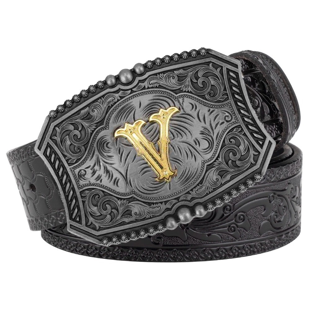 Western Floral Engraved Black Leather Belt with Gold Initial Letters A-Z Buckle