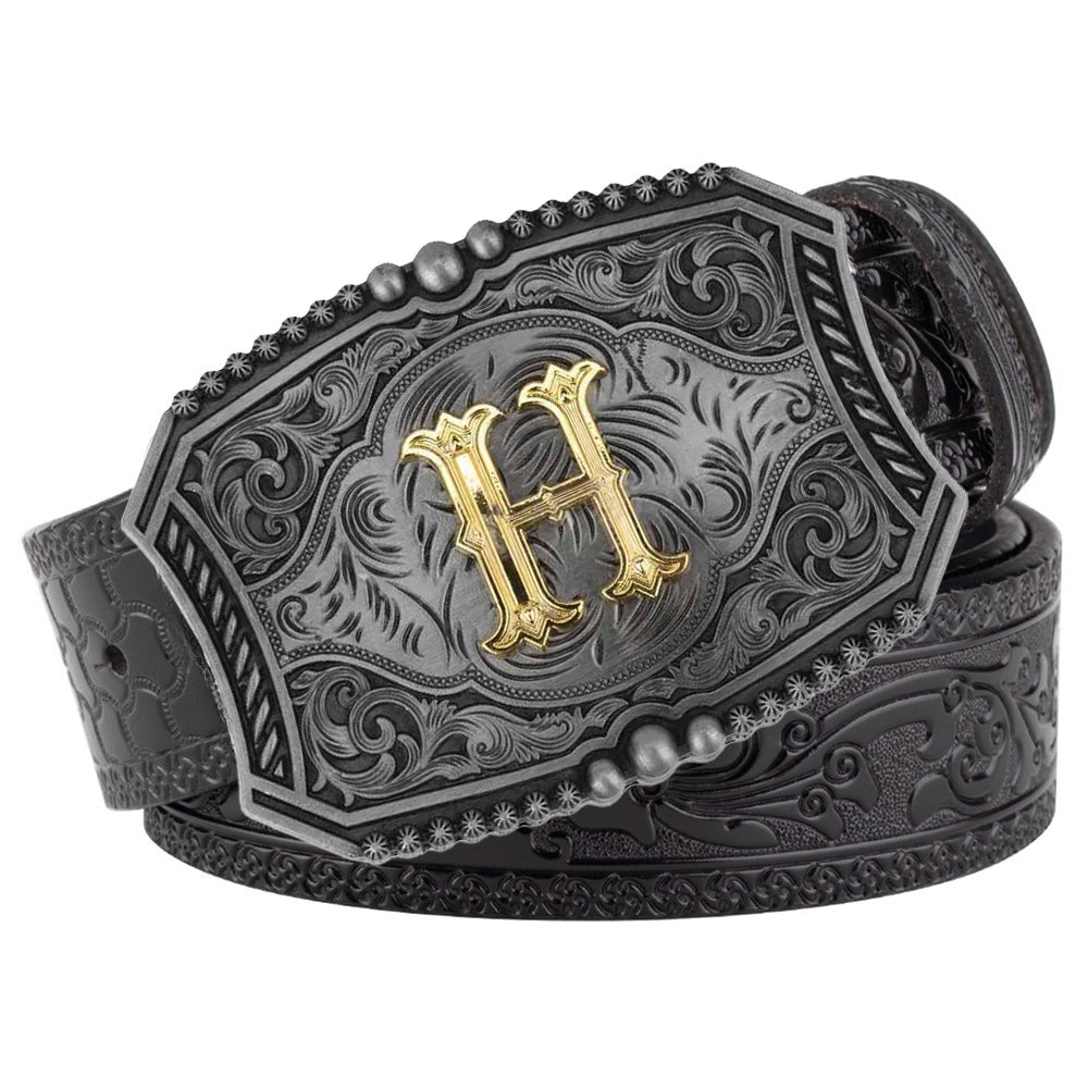 Western Floral Engraved Black Leather Belt with Gold Initial Letters A-Z Buckle