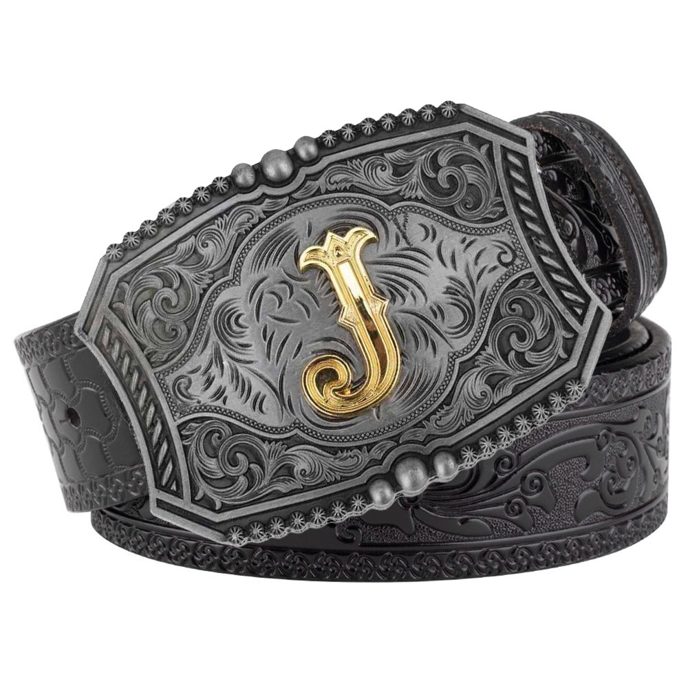 Western Floral Engraved Black Leather Belt with Gold Initial Letters A-Z Buckle