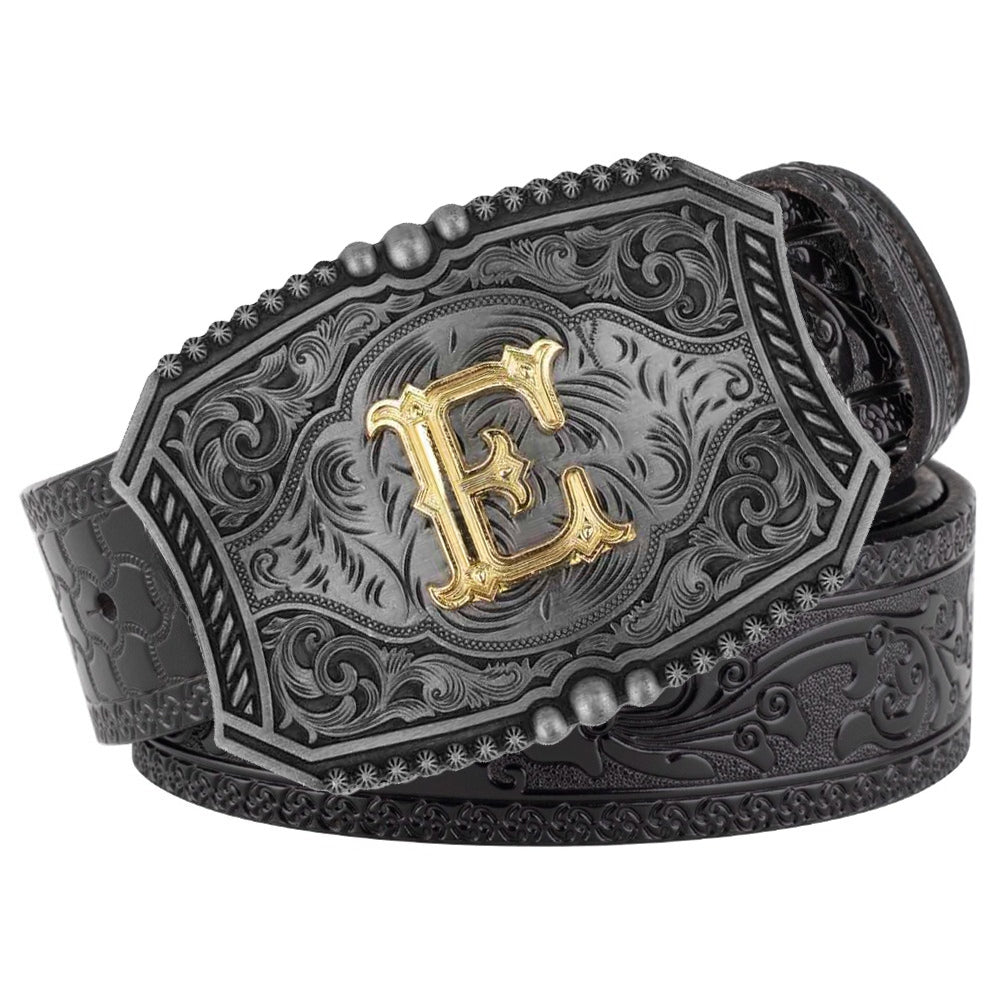 Western Floral Engraved Black Leather Belt with Gold Initial Letters A-Z Buckle