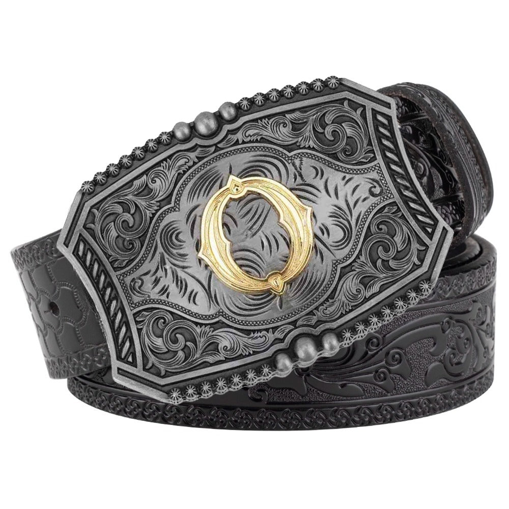Western Floral Engraved Black Leather Belt with Gold Initial Letters A-Z Buckle