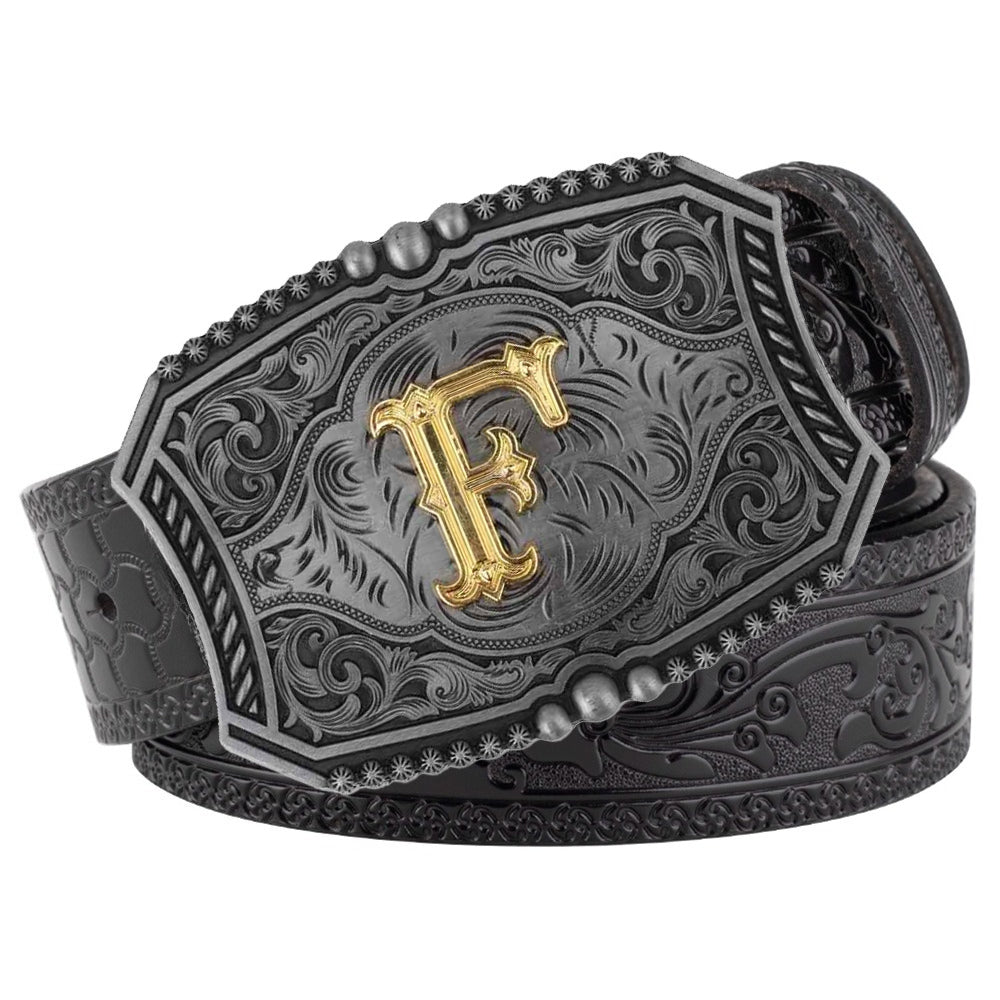 Western Floral Engraved Black Leather Belt with Gold Initial Letters A-Z Buckle
