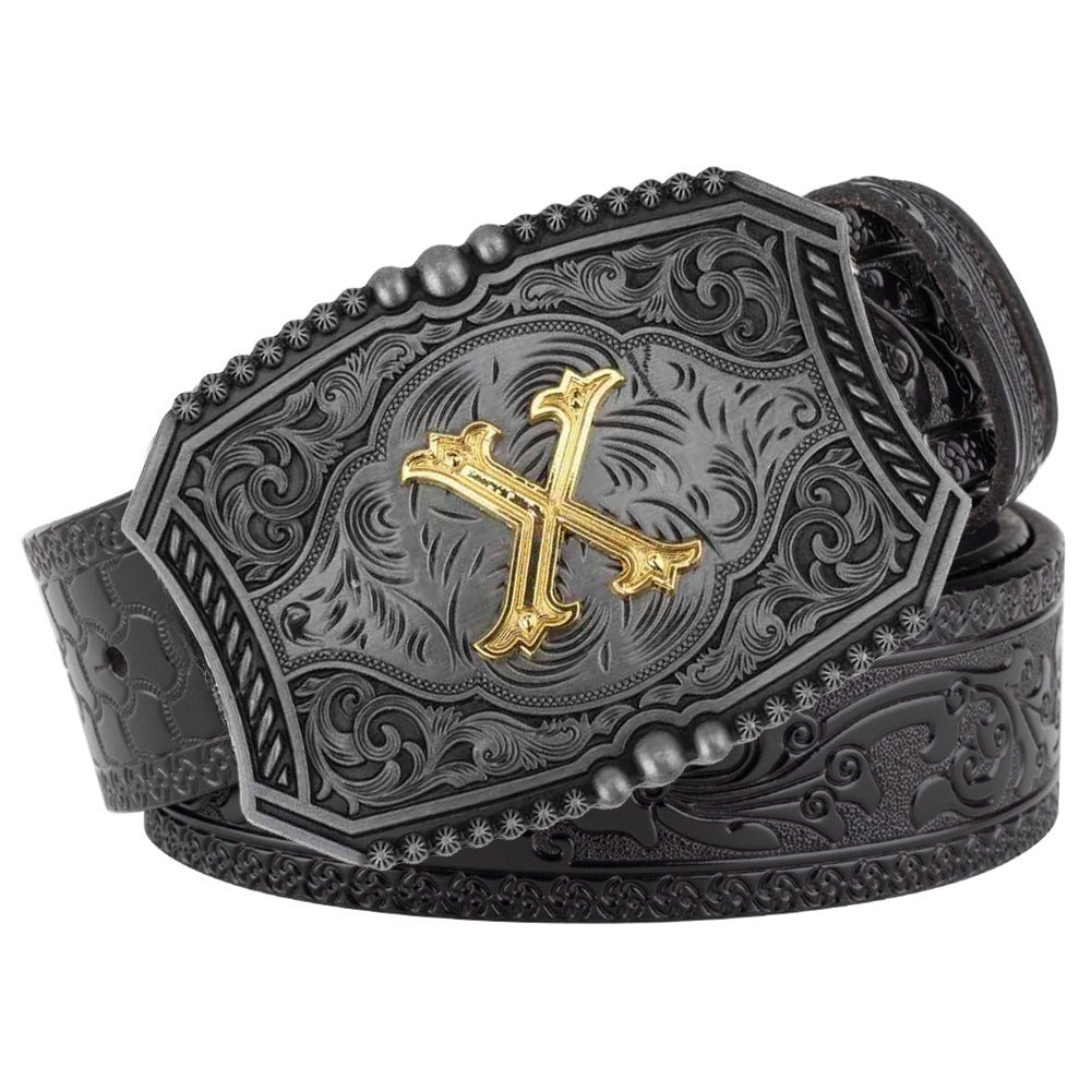 Western Floral Engraved Black Leather Belt with Gold Initial Letters A-Z Buckle