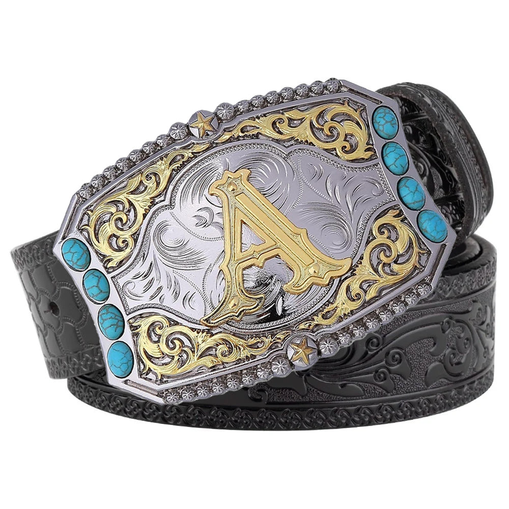 Western Cowboy Belt Turquoise Stones A-Z Initial Buckle