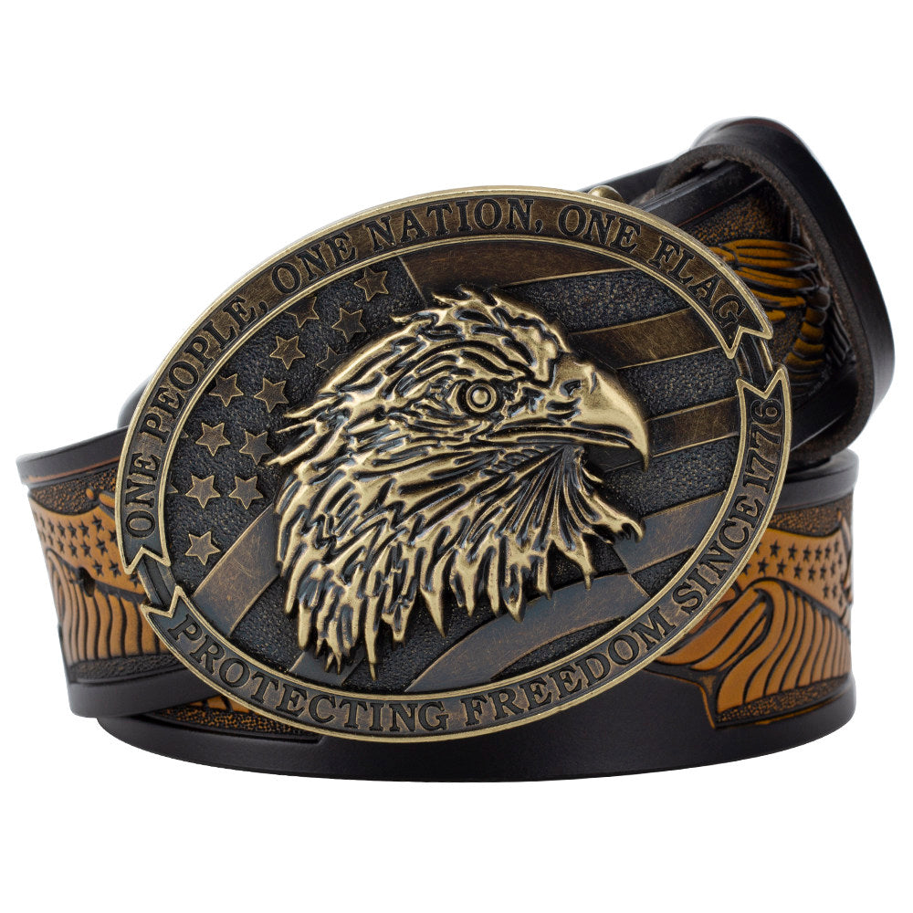 American Eagle Western Leather Belt One Nation Patriotic Buckle